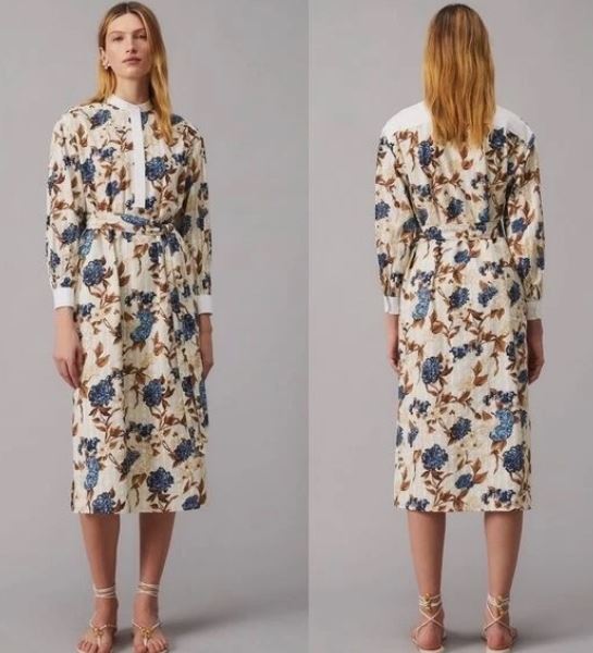 TORY BURCH FLORAL TUNIC COTTON BLUE CREAM MIDI DRESS SIZE LARGE *NO BELT*