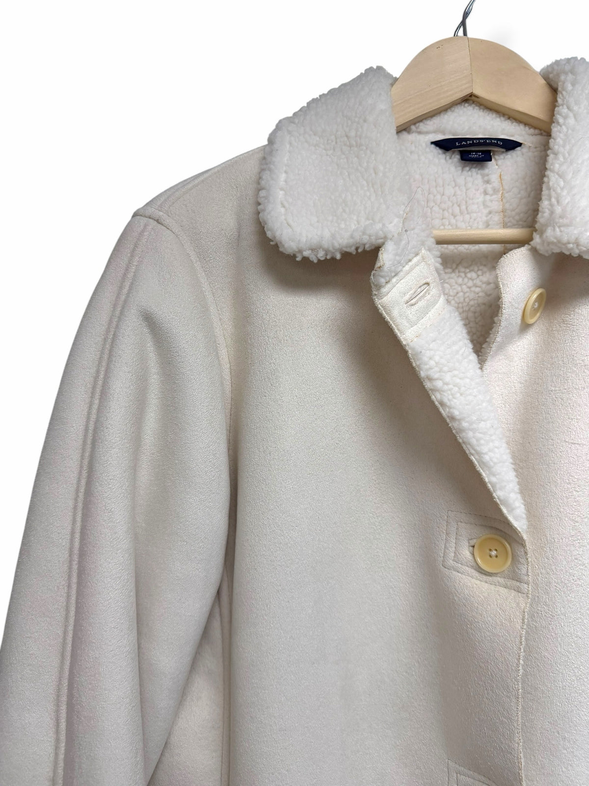 LANDS END WHITE IVORY SHEARLING LINED BUTTON FRONT COAT SIZE 14