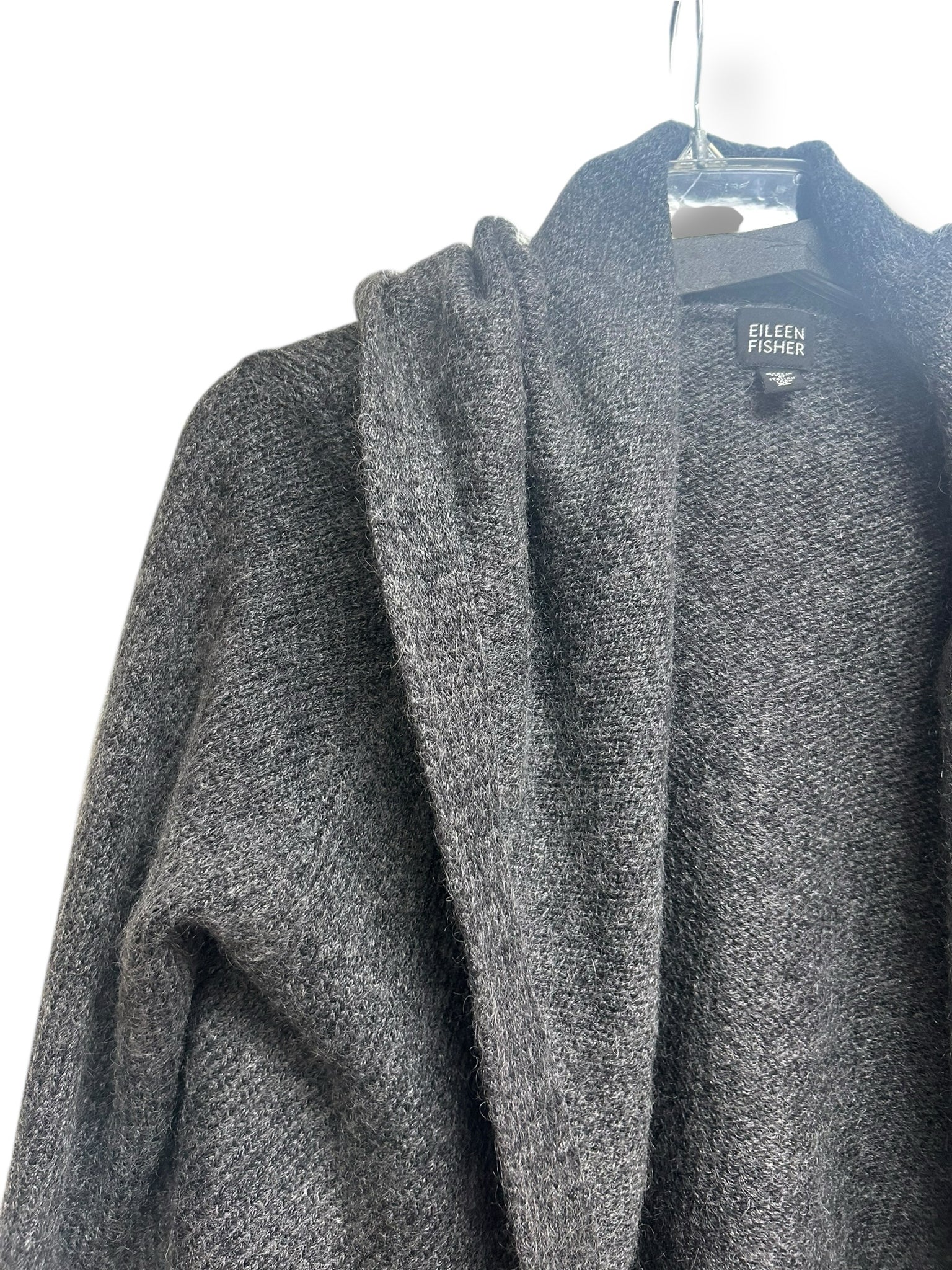 EILEEN FISHER GRAY KNIT WOOL/MOHAIR OPEN FRONT HOODED CARDIGAN SIZE XL