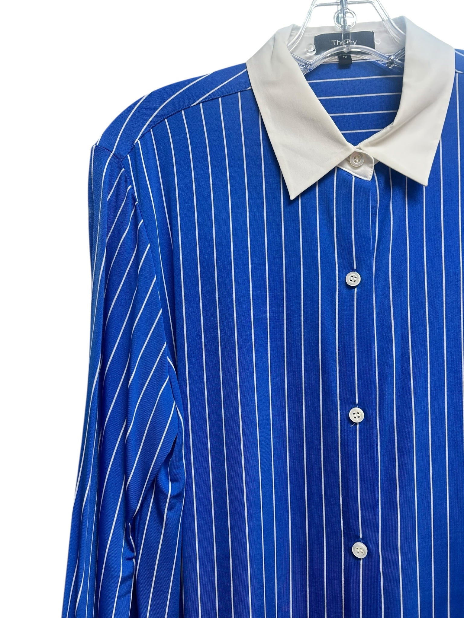 THEORY NWT ESSENTIAL BUTTON DOWN BLUE STRIPED JERSEY TOP SIZE MEDIUM