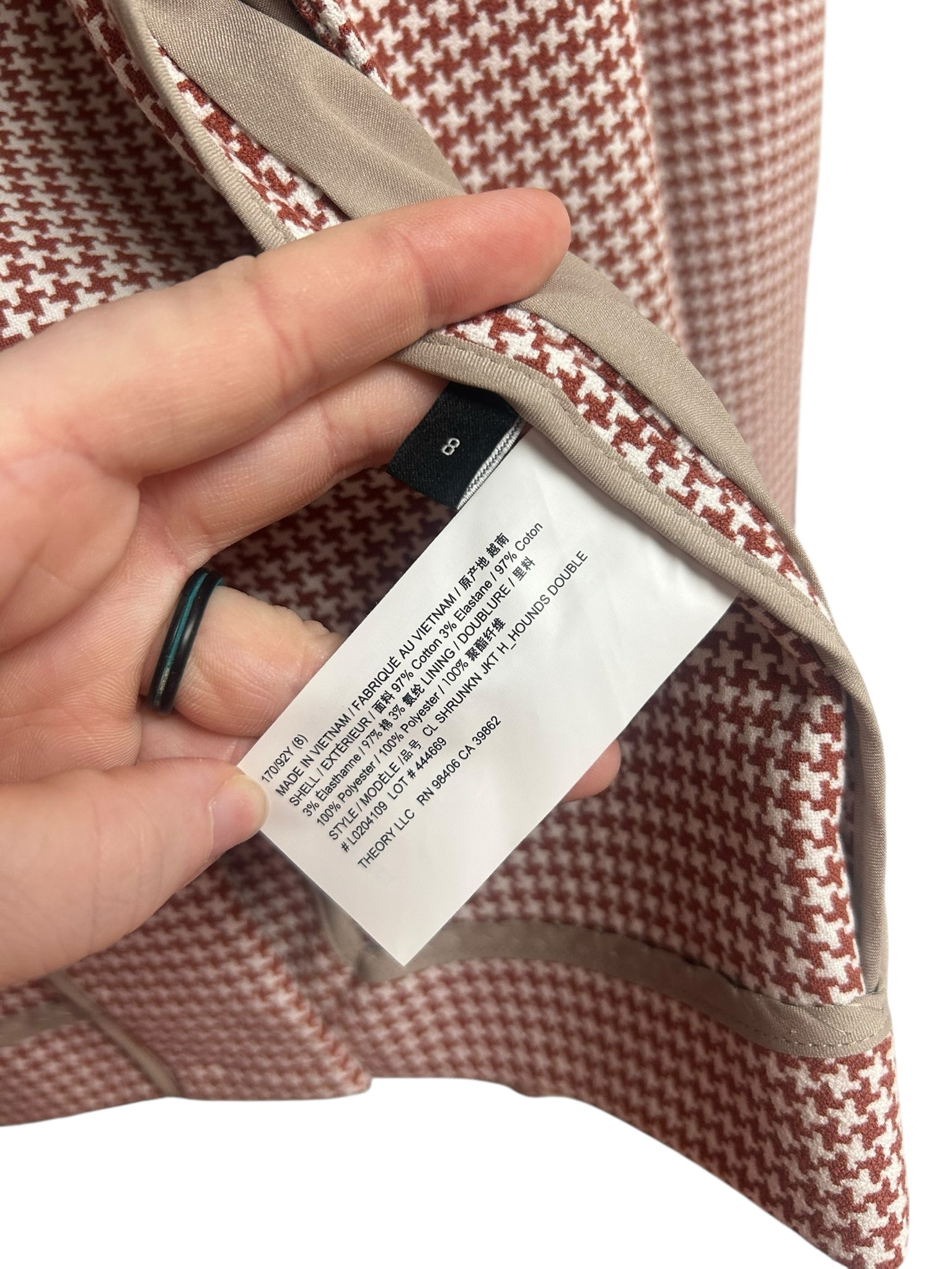 THEORY HOUNDSTOOTH BLAZER BURNT UMBER & WHITE WITH NOTCHED LAPELS SIZE 8