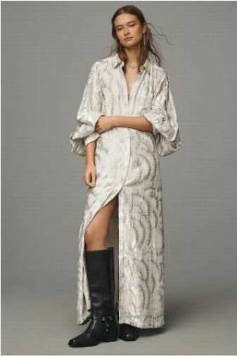ANTHROPOLOGIE NWT! LONG SLEEVE LUREX MAXI SHIRT DRESS SIZE: XS