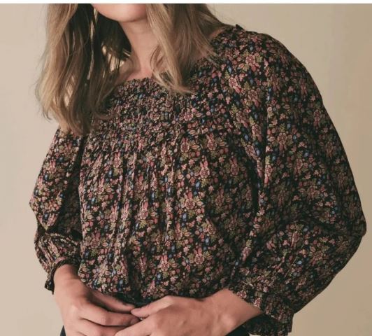 WOMEN'S DOEN ORGANIC COTTON AGATHA SMOCKED PEASANT BLOUSE SIZE XS