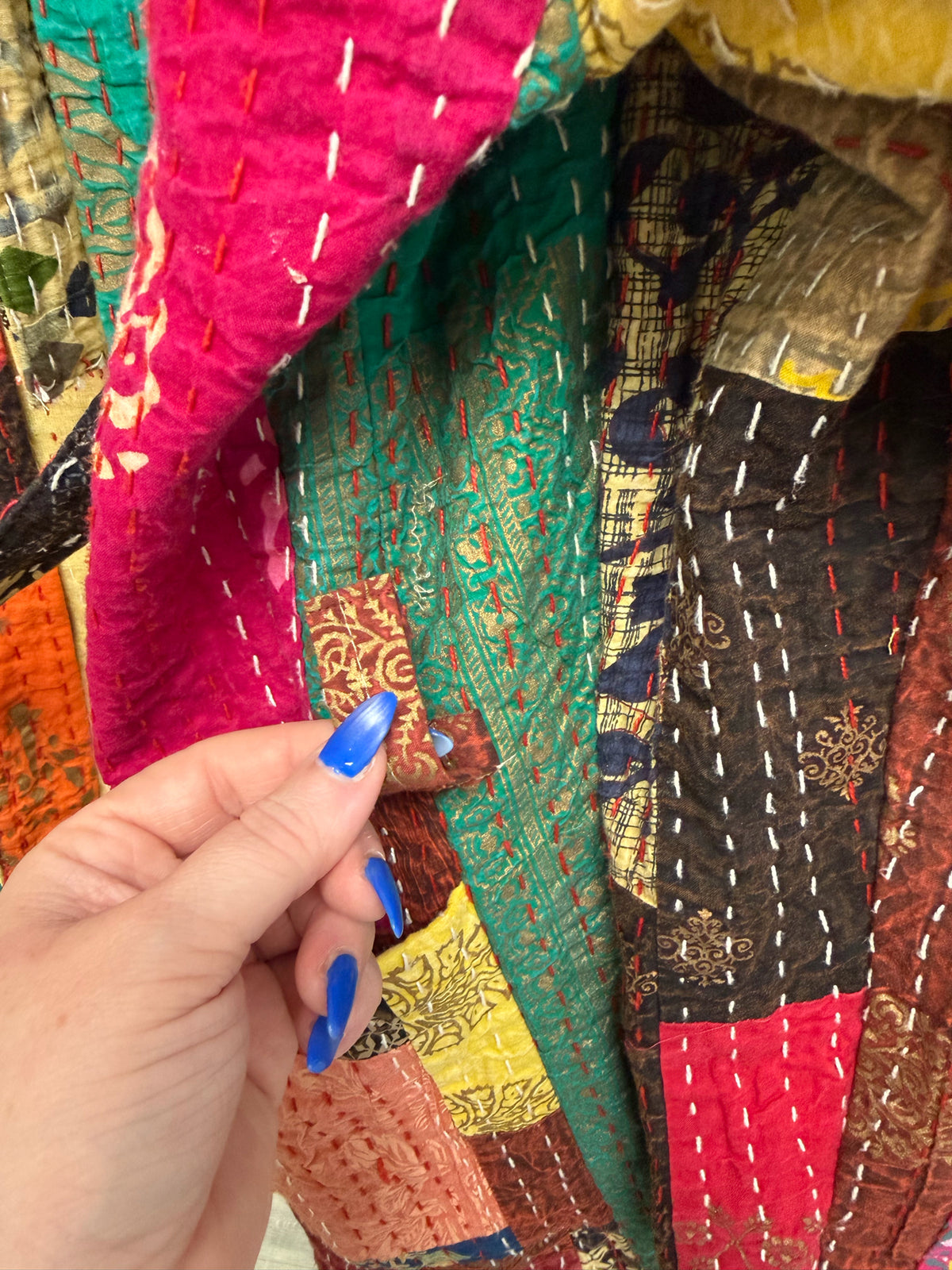 KANTHA UPCYCLED PATCHWORK CONTRAST STITCH BELTED KIMONO ONE SIZE