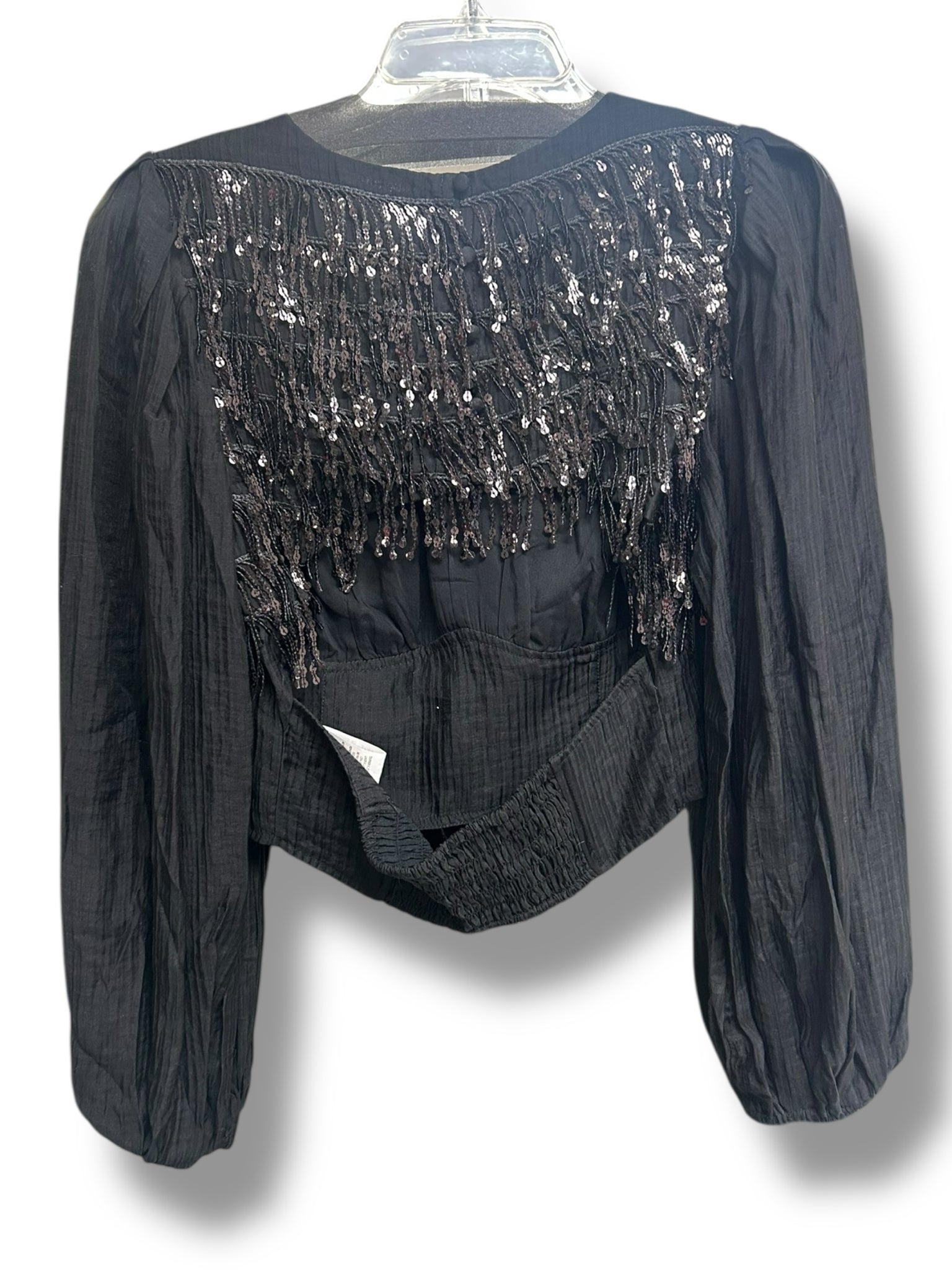 NWT ANTHROPOLOGIE CURRENT AIR BISHOP SLEEVE SEQUIN FRINGE BACK TOP SIZE S