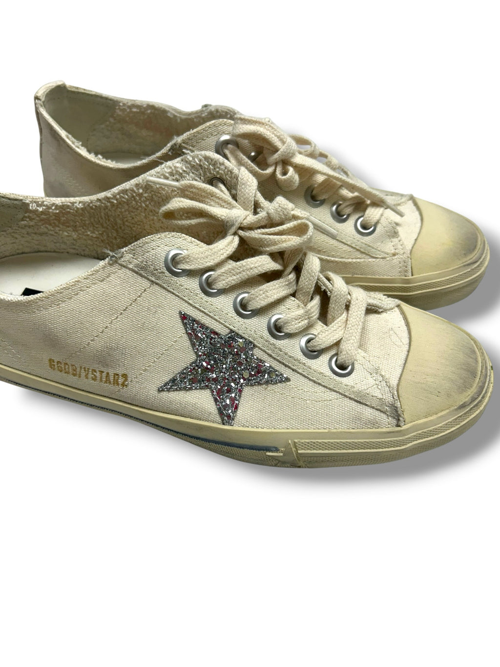 NIB GOLDEN GOOSE V STAR BEIGE CANVAS GLITTER STAR SNEAKERS SIZE 40 US 10