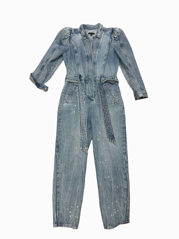 EXPRESS CASUAL PUFF SLEEVE TIE WAIST MEDIUM WASH DENIM JUMPSUIT SIZE: 4