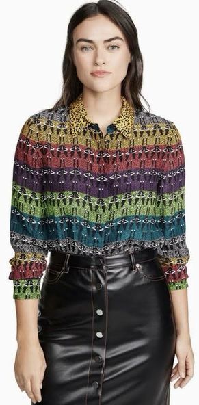 ALICE & OLIVIA WILLA OMBRE STACE FACE SILK BUTTON DOWN BLOUSE SIZE MEDIUM