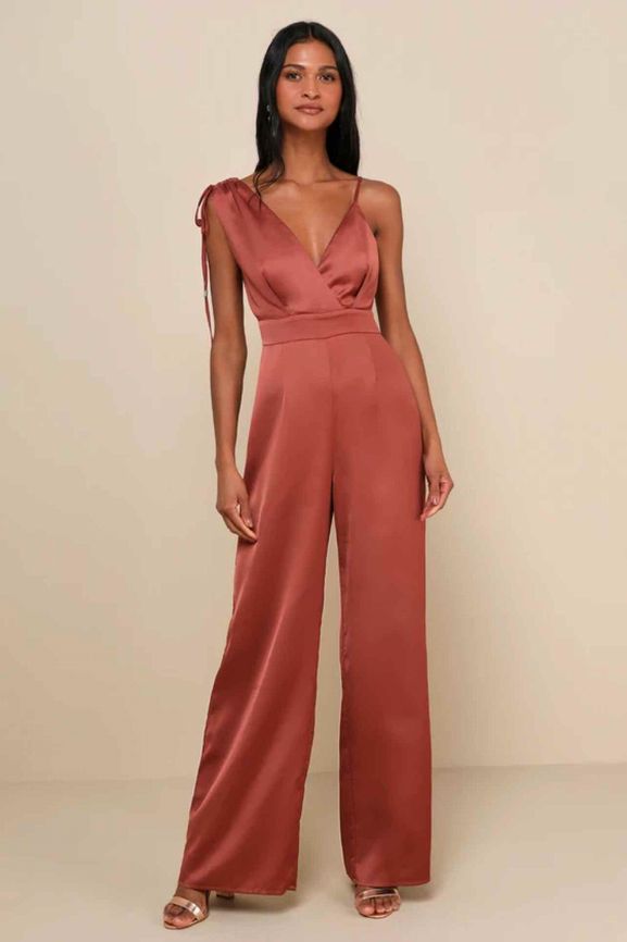 LULUS NWT SATIN WIDE LEG ONE SHOULDER JUMPSUIT SIZE: M