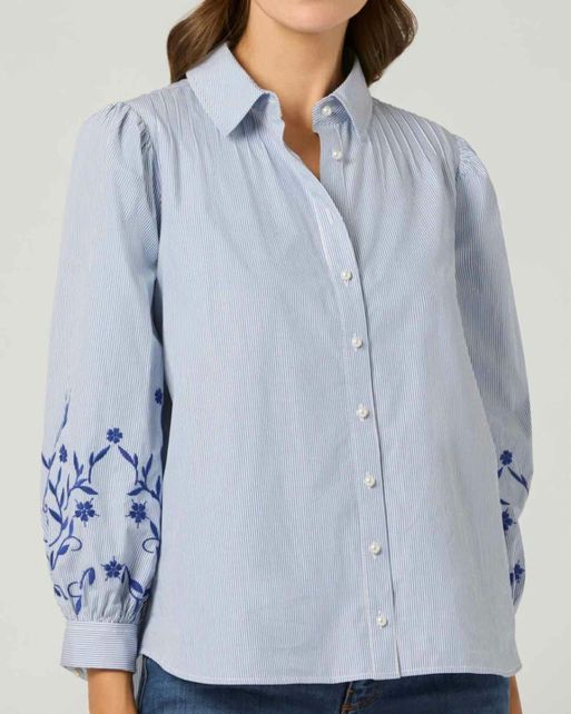 SHOSHANNA CATE EMBROIDERED PLEATED PEARL BUTTON DOWN TOP XL