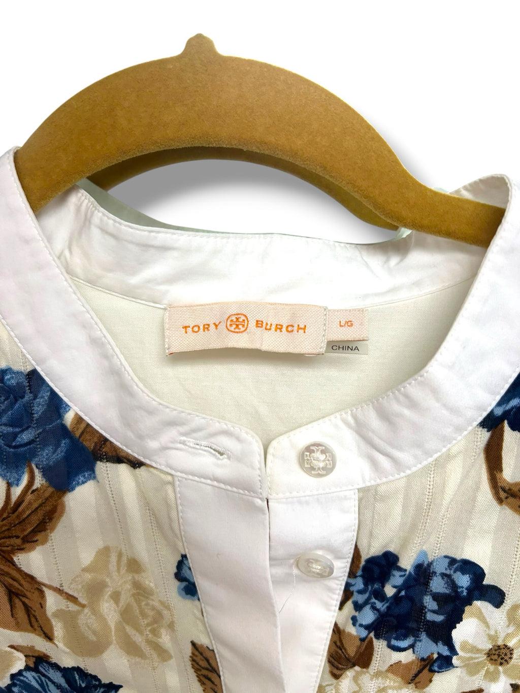 TORY BURCH FLORAL TUNIC COTTON BLUE CREAM MIDI DRESS SIZE LARGE *NO BELT*