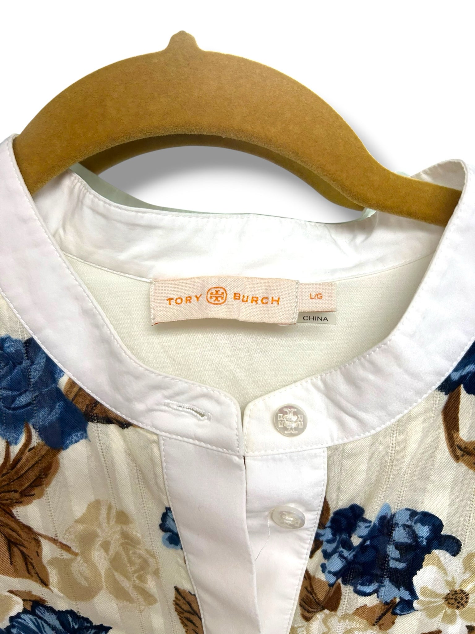 TORY BURCH FLORAL TUNIC COTTON BLUE CREAM MIDI DRESS SIZE LARGE *NO BELT*