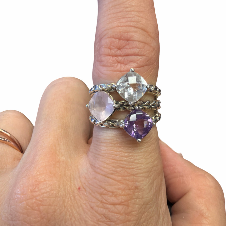 JAI JOHN HARDY STERLING SILVER STACKED GEMSTONE RING AMETHYST & TOPAZ SIZE 7