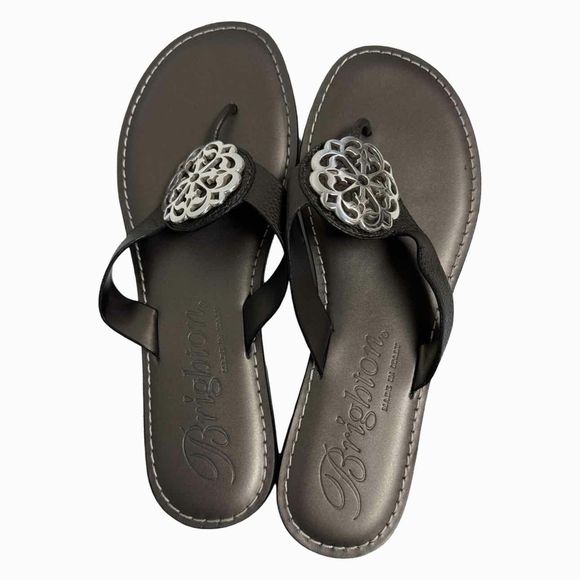 BRIGHTON ALICE THONG SANDAL PEWTER W/SILVER MEDALLION SIZE 9