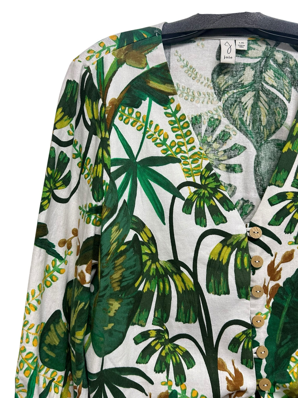 JOIE GREEN PALM PRINT LINEN RAYON BUTTON UP TIE FRONT BLOUSE SIZE LARGE