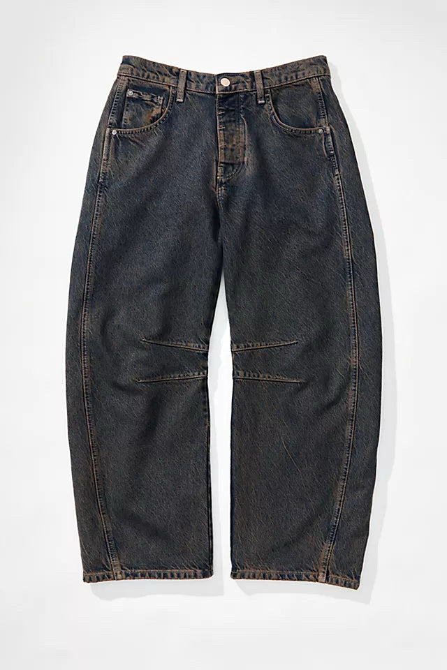 FREE PEOPLE GOOD LUCK MID RISE BARREL JEANS WASHED BLACK BROWN SIZE 32