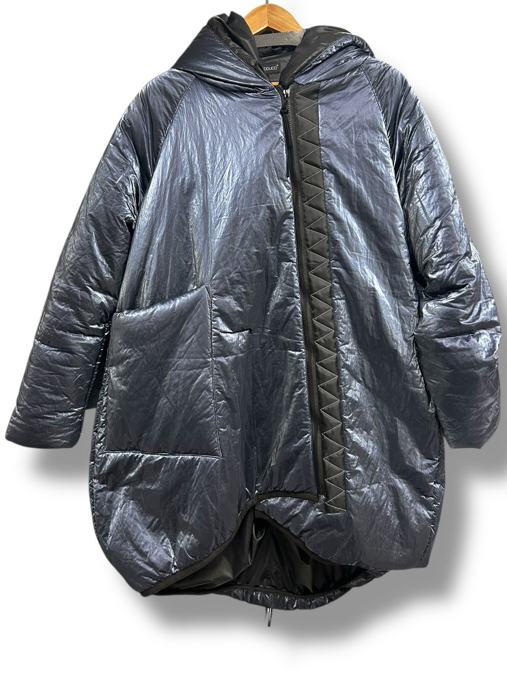 MARA GIBBUCCI IRIDESCENT BLUE HOODED COCOON PUFFER COAT SIZE  LARGE