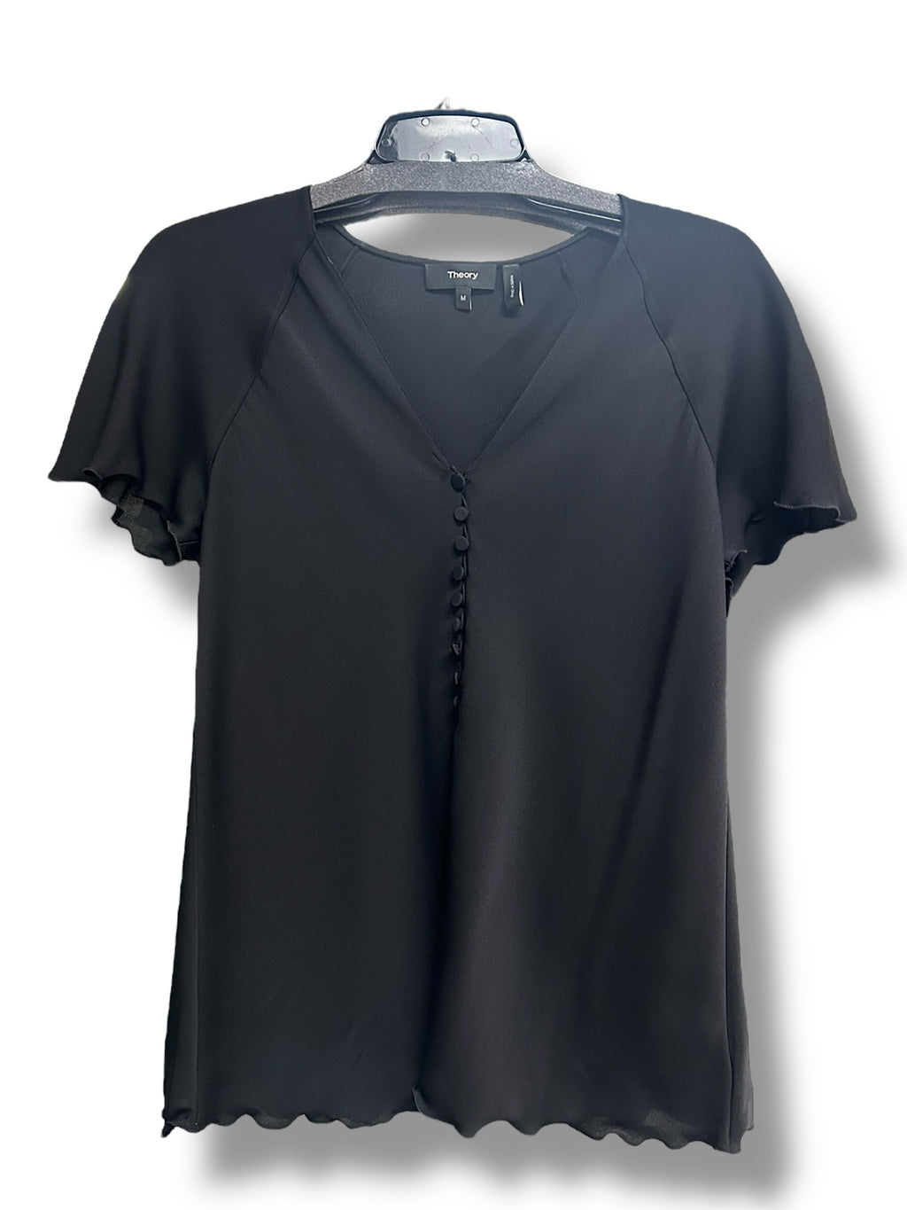 THEORY SILK BLEND BUTTON FRONT RUFFLE SLEEVE BLOUSE BLACK  SIZE MEDIUM