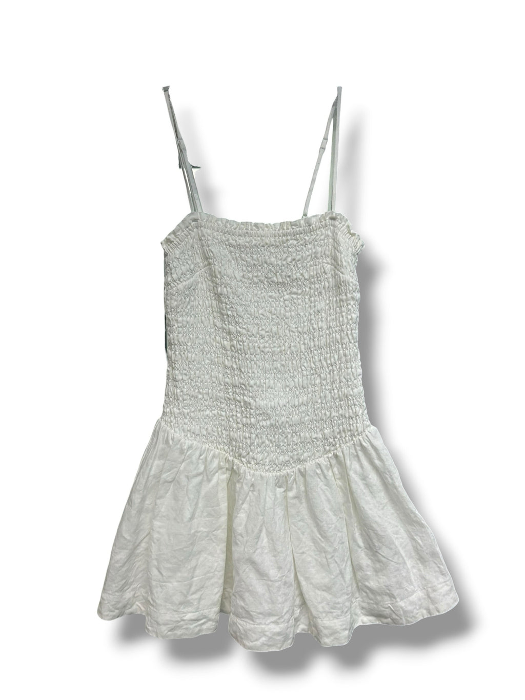 ARITZIA WILFRED CORINNE SMOCKED WHITE STRAPPY LINEN MINI DRESS SIZE SMALL