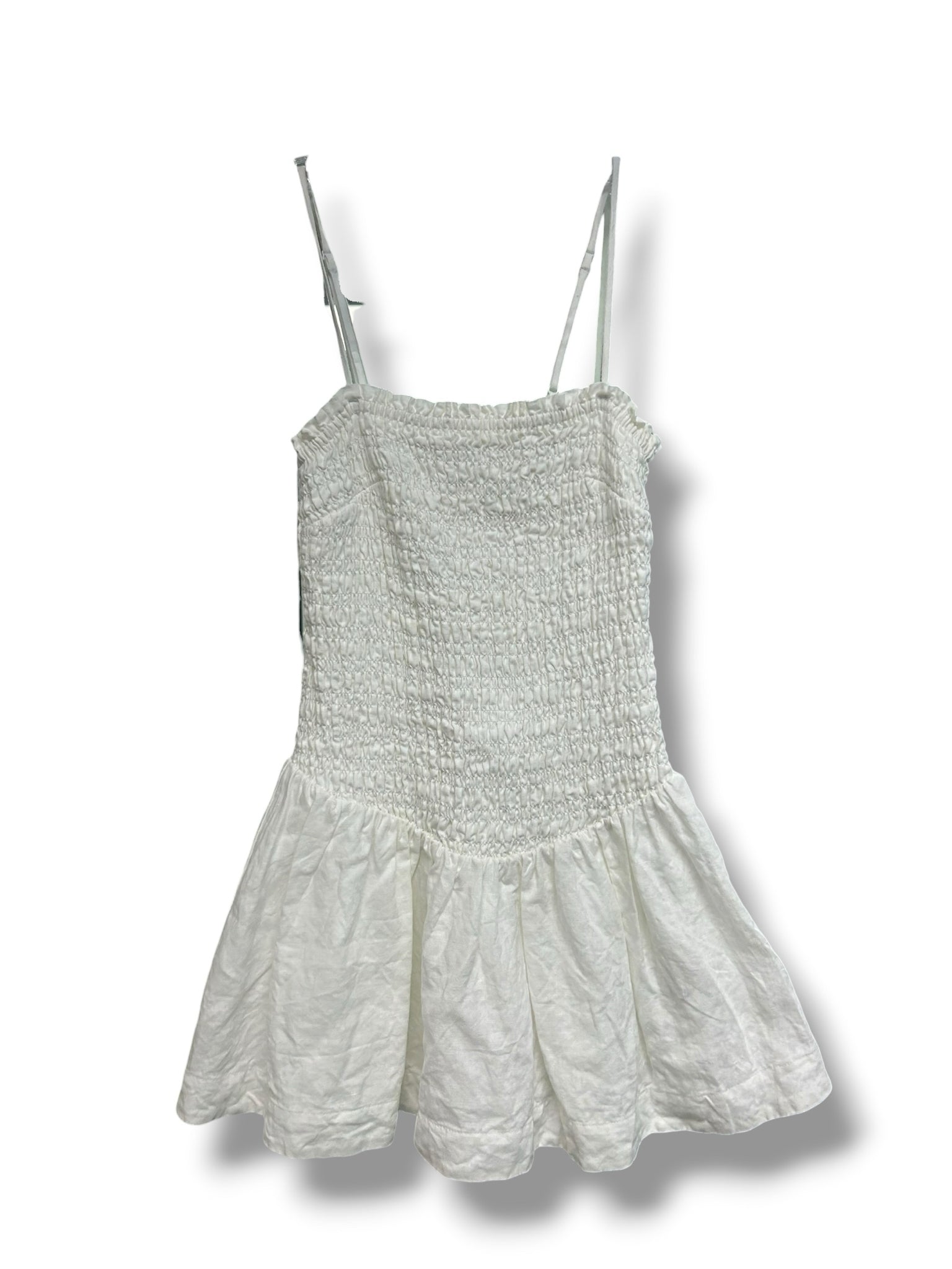 ARITZIA WILFRED CORINNE SMOCKED WHITE STRAPPY LINEN MINI DRESS SIZE SMALL