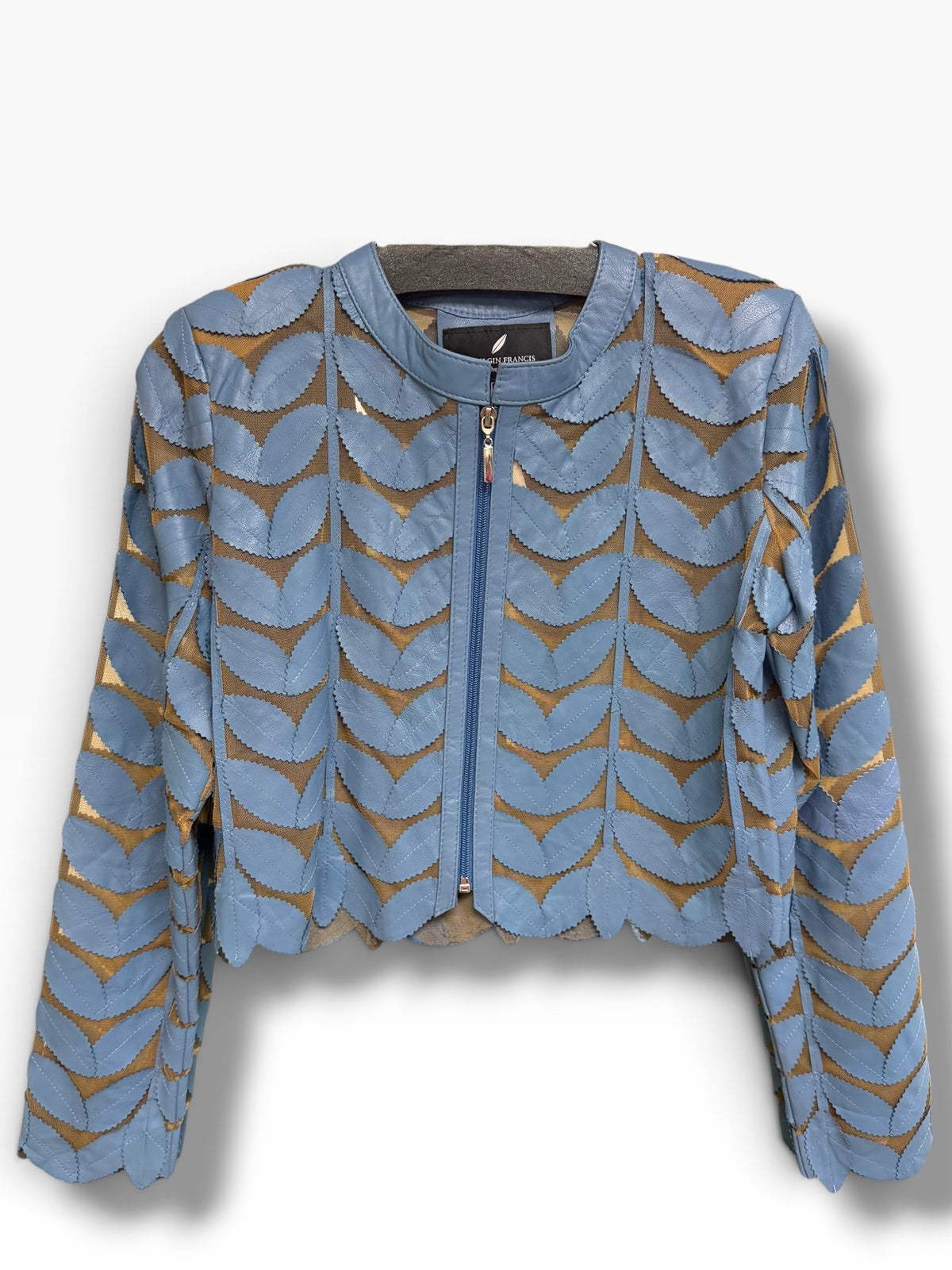 NWT BELGIN FRANCIS LEATHER CROP LEAF ZIP UP BLUE JACKET SIZE MEDIUM