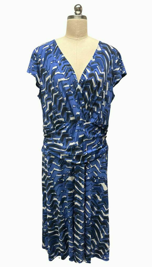 LAFAYETTE 148 FAUX WRAP PRINT BLUE/WHITE DRESS SIZE 1X