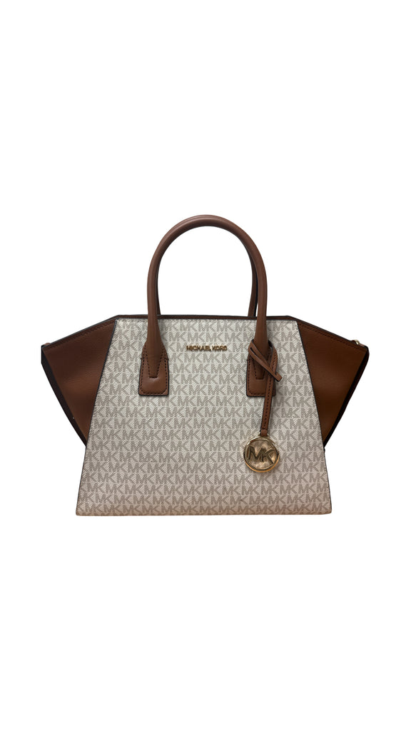 MICHAEL KORS AVRIL SIGNATURE SATCHEL IN WHITE/BROWN