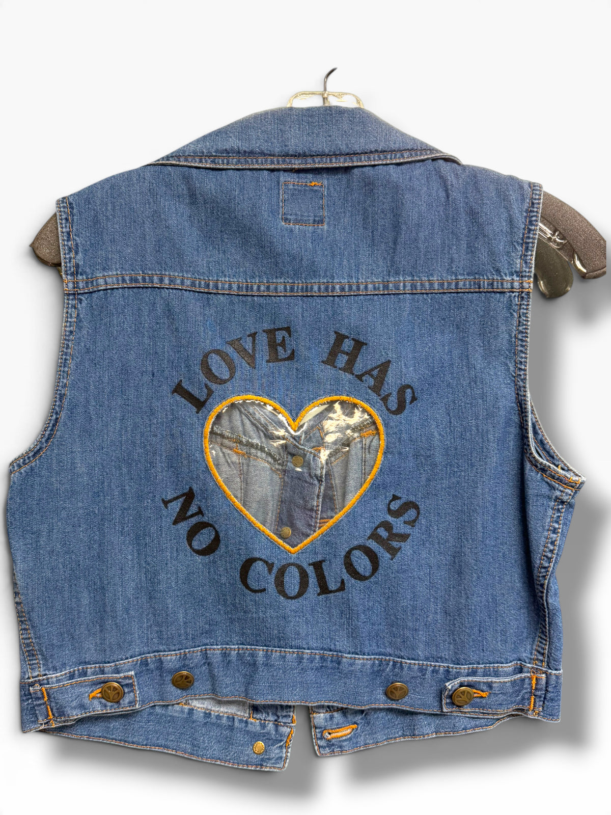MOSCHINO JEANS 90'S CLEAR HEART LOVE HAS NO COLOR DENIM CROPPED VEST SIZE 14