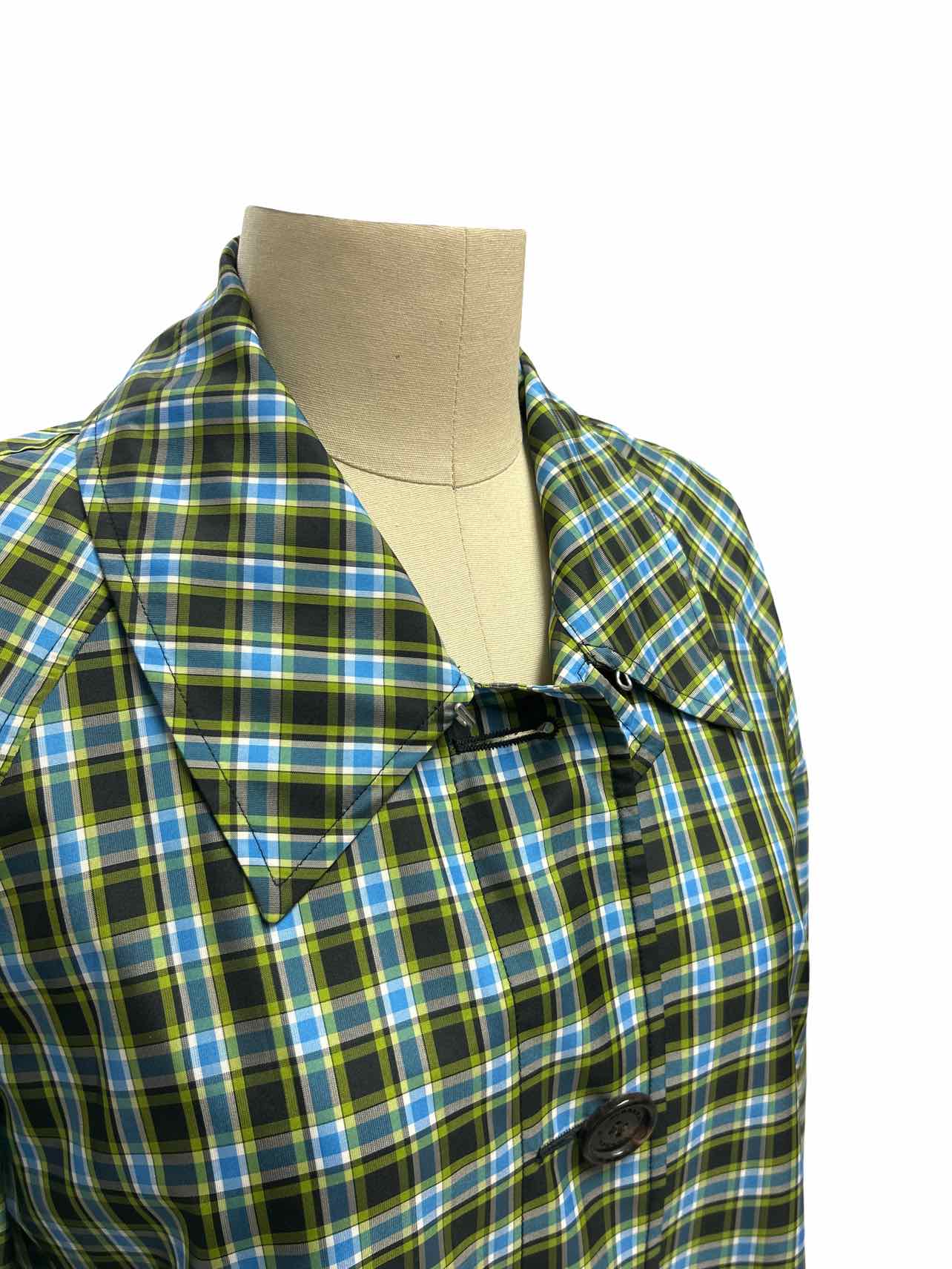 BURBERRY BLUE CHECK PLAID UNLINED WINDBREAKER JACKET MID LENGTH SIZE 2
