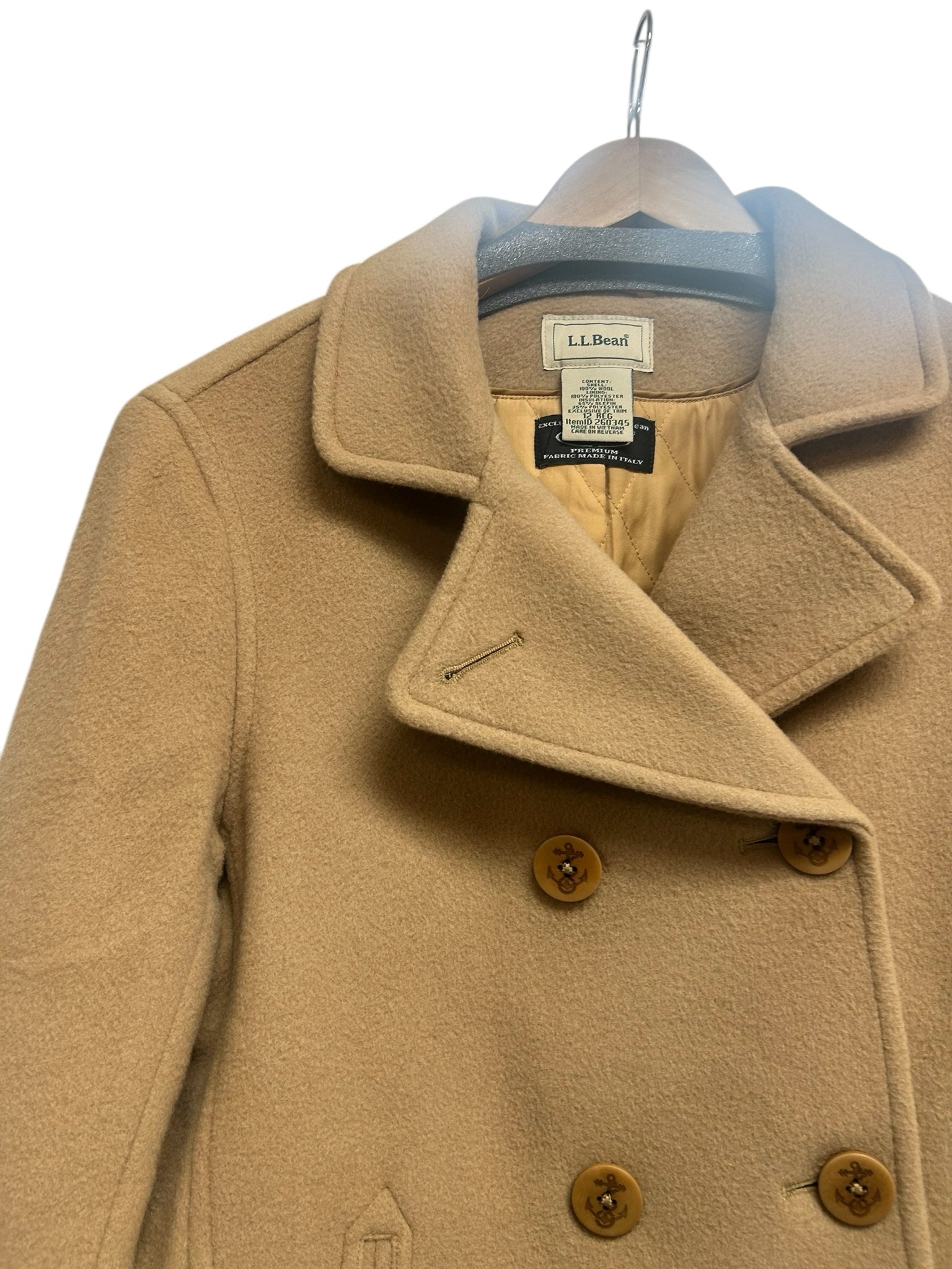 LL BEAN  NEW LAMBS WOOL DOUBLE BREASTED PEA COAT TAN SIZE 12