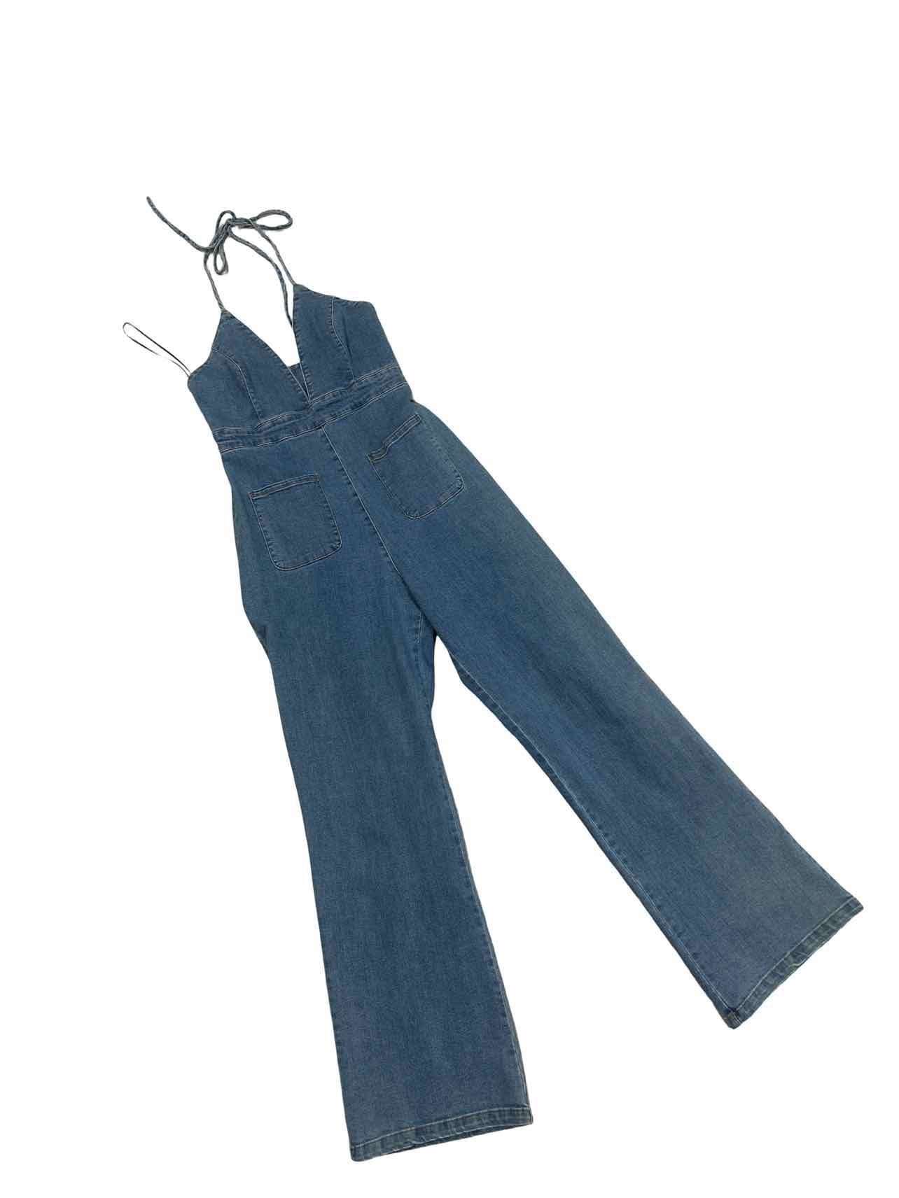 BARDOT LINA FLARE DENIM HALTER JUMPSUIT SIZE: 4