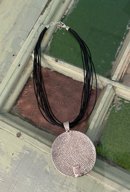 PZ ISRAEL 925 LARGE WOVEN ROUND DISC PENDANT LEATHER CORD