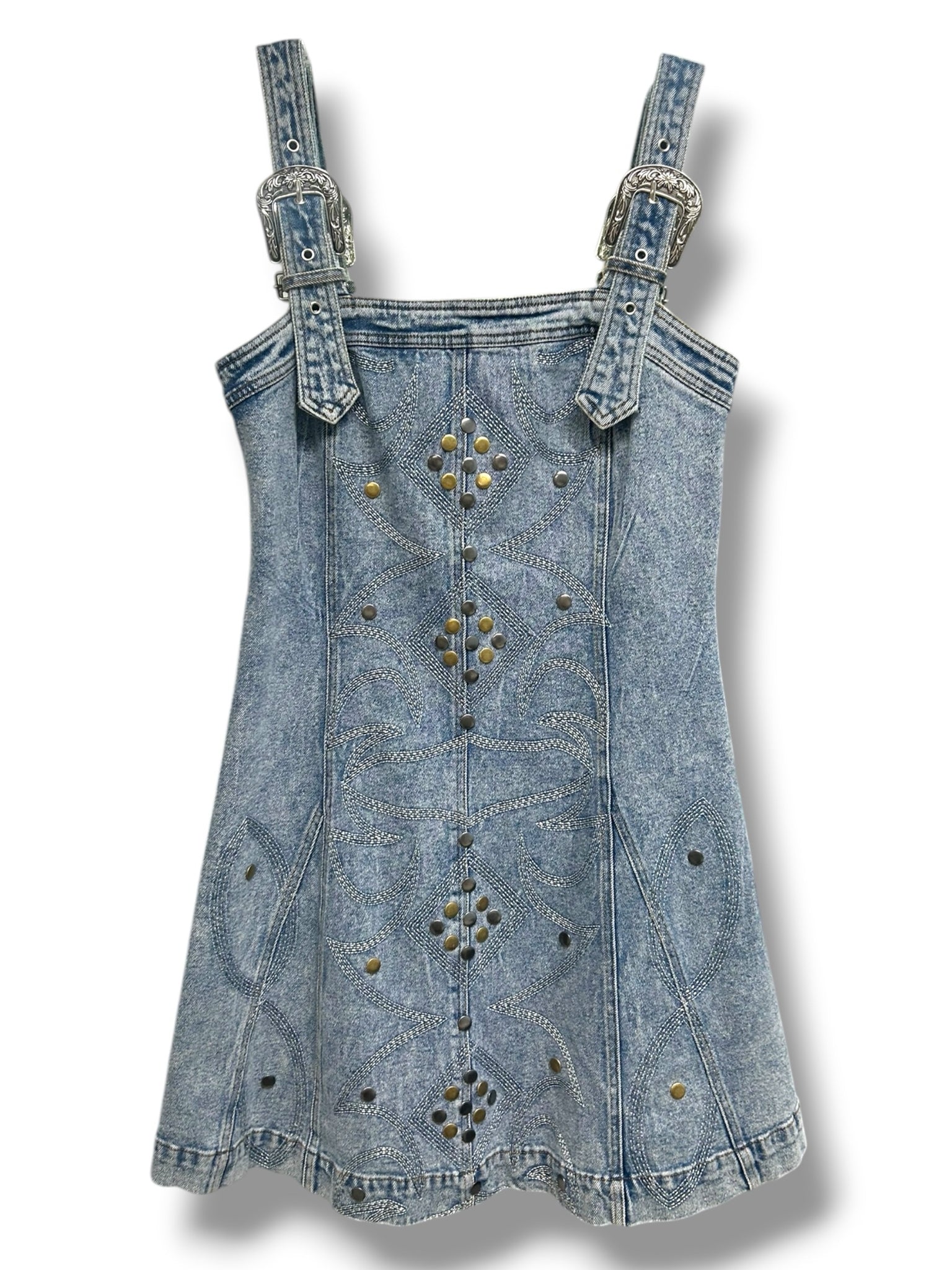 BUCKLE BLUE B MEDIUM WASH STUDDED WESTERN MINI DRESS SIZE MEDIUM