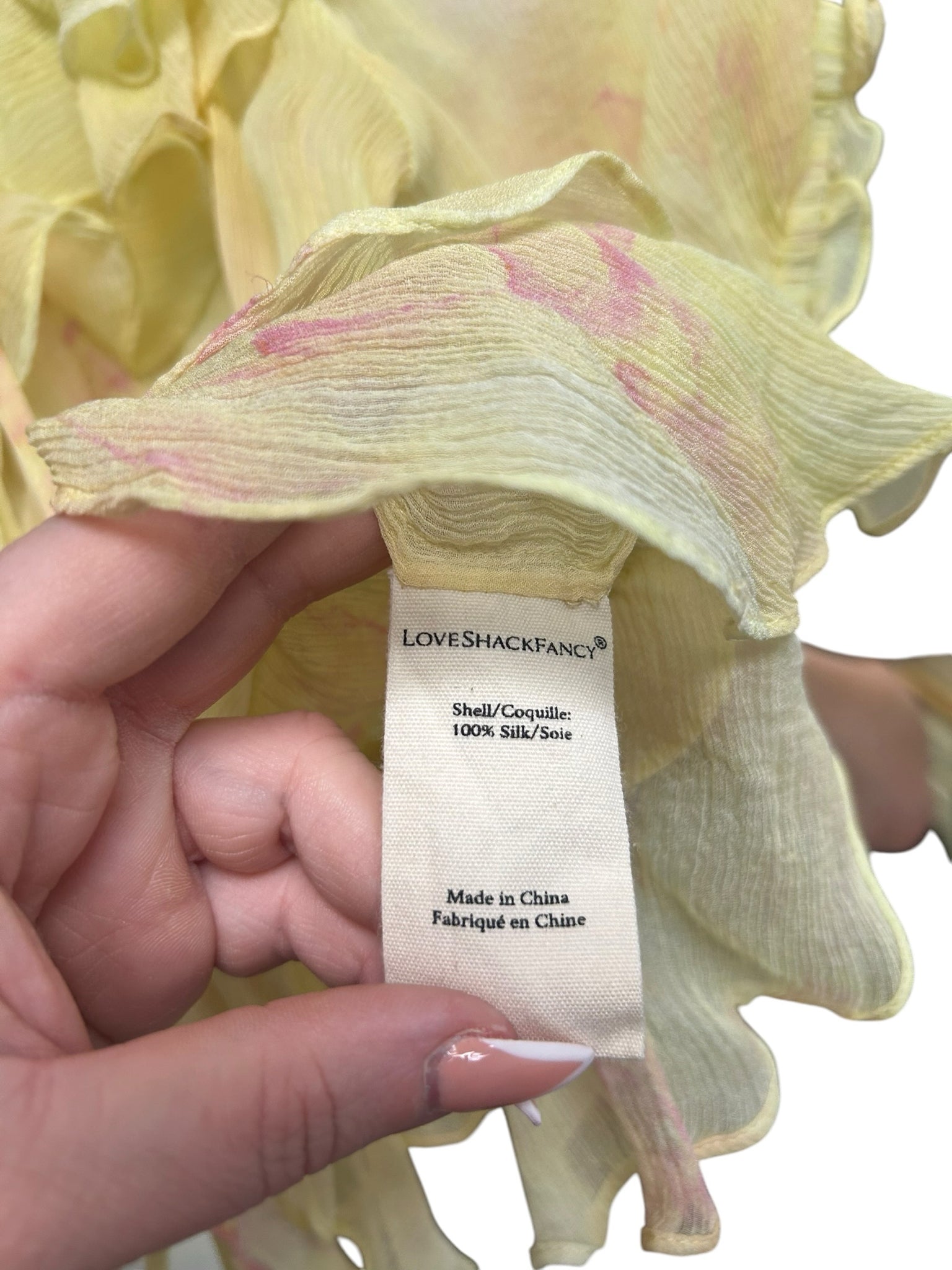 LOVE SHACK FANCY SHEER RUFFLE ALDER SILK BLOUSE YELLOW PINK SIZE XS