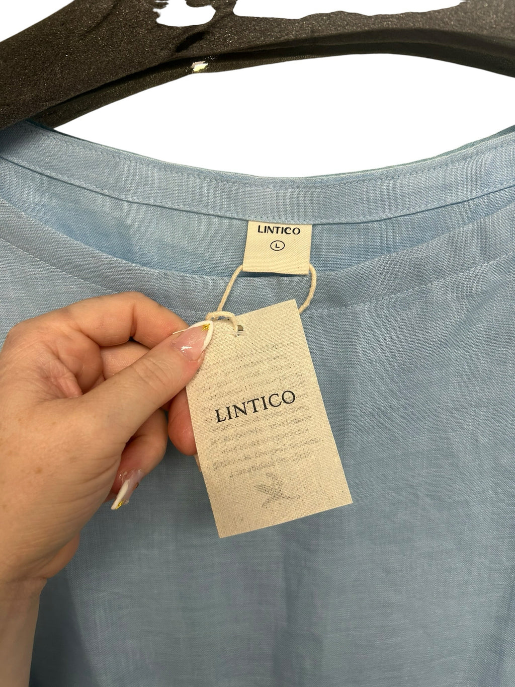 NWT LINTICO VALENCIA 100% LINEN BABY BLUE MIDI SHIFT DRESS SIZE LARGE
