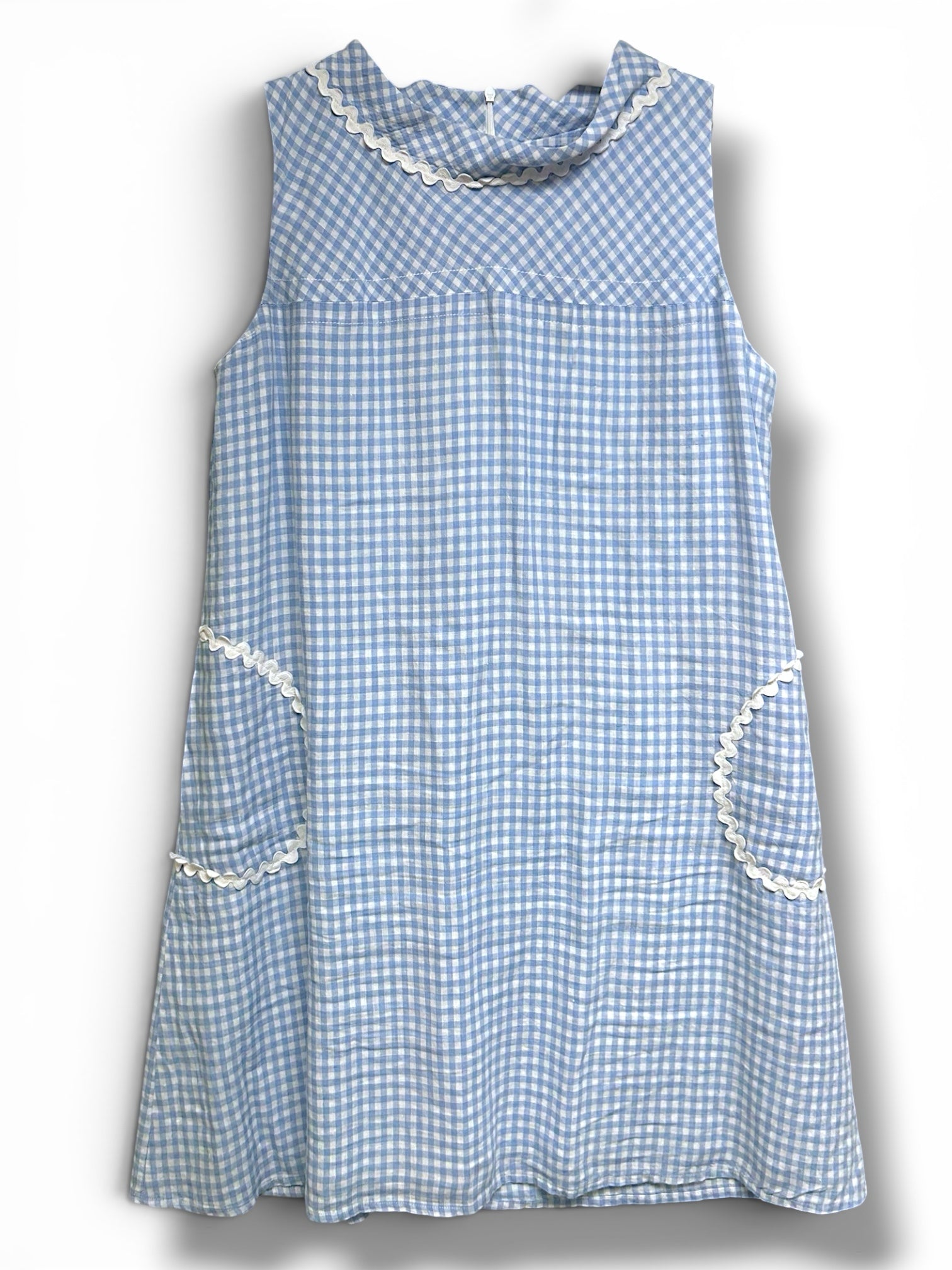 SARA CAMPBELL GINGHAM RIC-RAC TRIM LINEN BLUE WHITE MINI DRESS SIZE LARGE