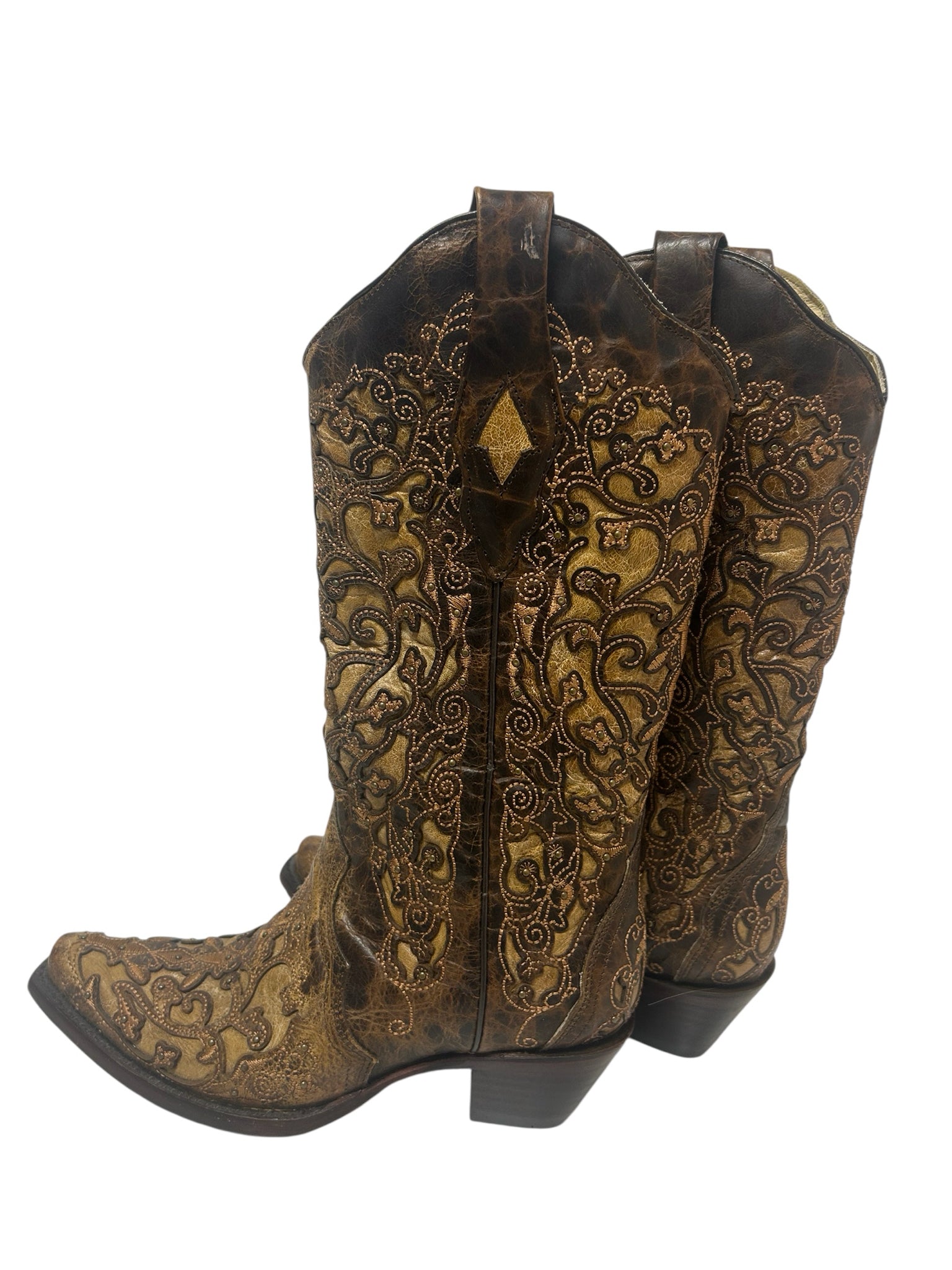 CORRAL TAN INLAY EMBROIDERY AND STUDS BRONW COWBOY BOOTS SIZE 7.5