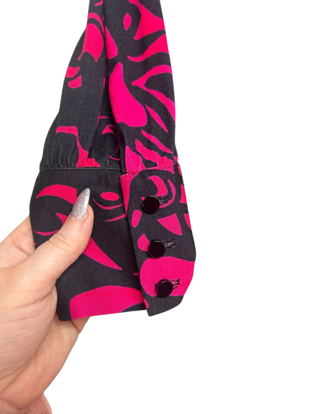 SARA CAMPBELL RUE MIDI PINK BLACK 3/4 V NECK DRESS SIZE LARGE