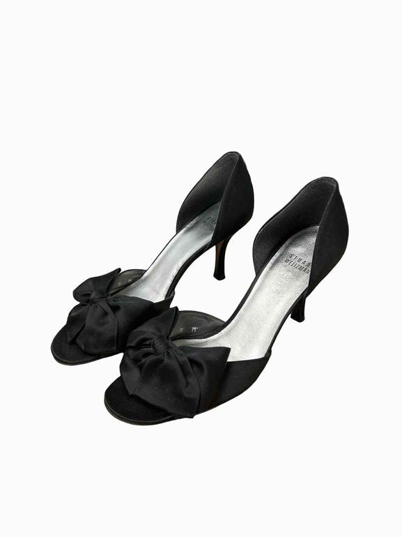 STUART WEITZMAN SATIN PEEP TOE BOW PUMPS BLACK 8