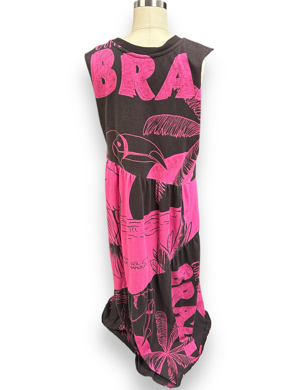 ANTHROPOLOGIE GRAPHIC 'BRAZIL' TIERED MAXI DRESS PINK BROWN SIZE LARGE
