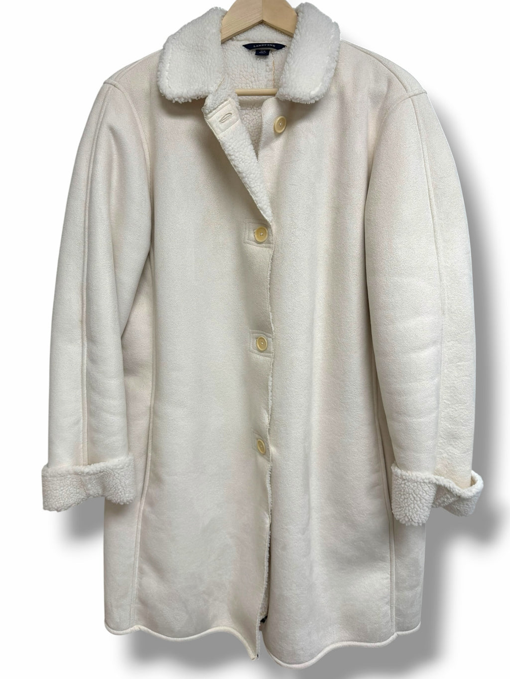 LANDS END WHITE IVORY SHEARLING LINED BUTTON FRONT COAT SIZE 14