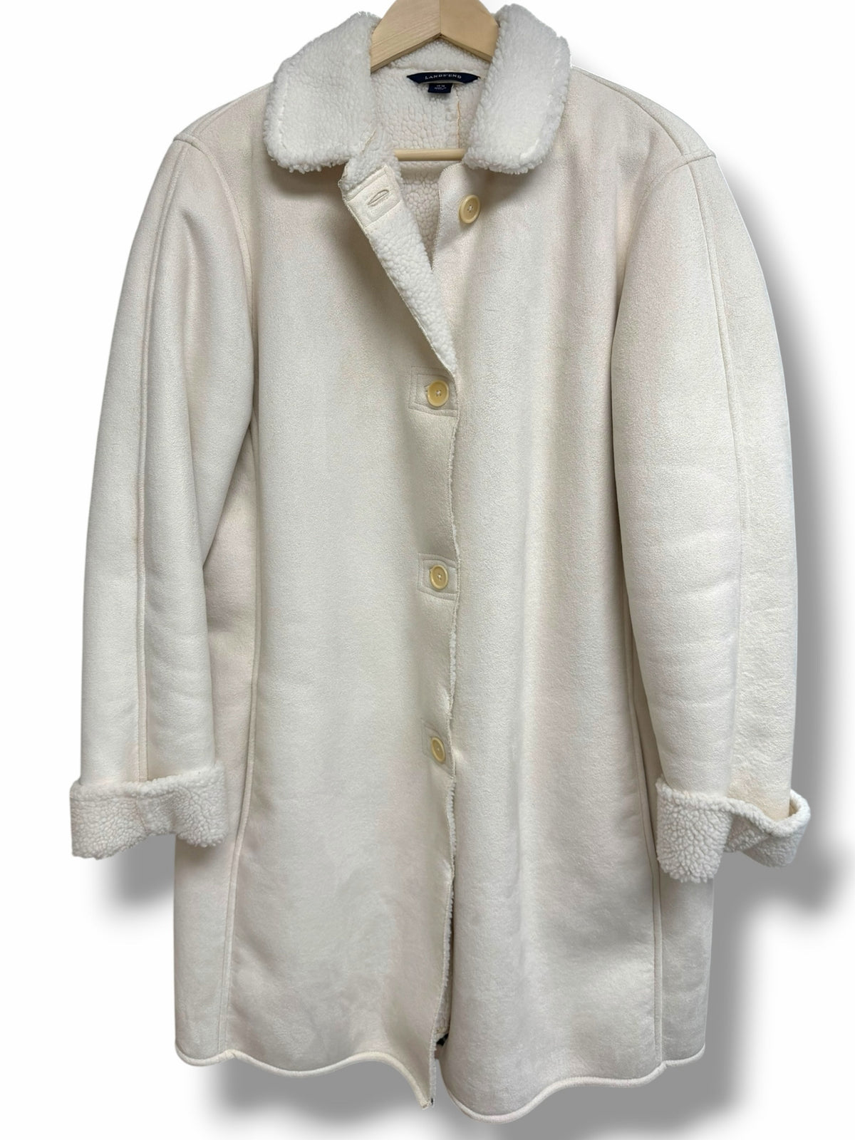 LANDS END WHITE IVORY SHEARLING LINED BUTTON FRONT COAT SIZE 14