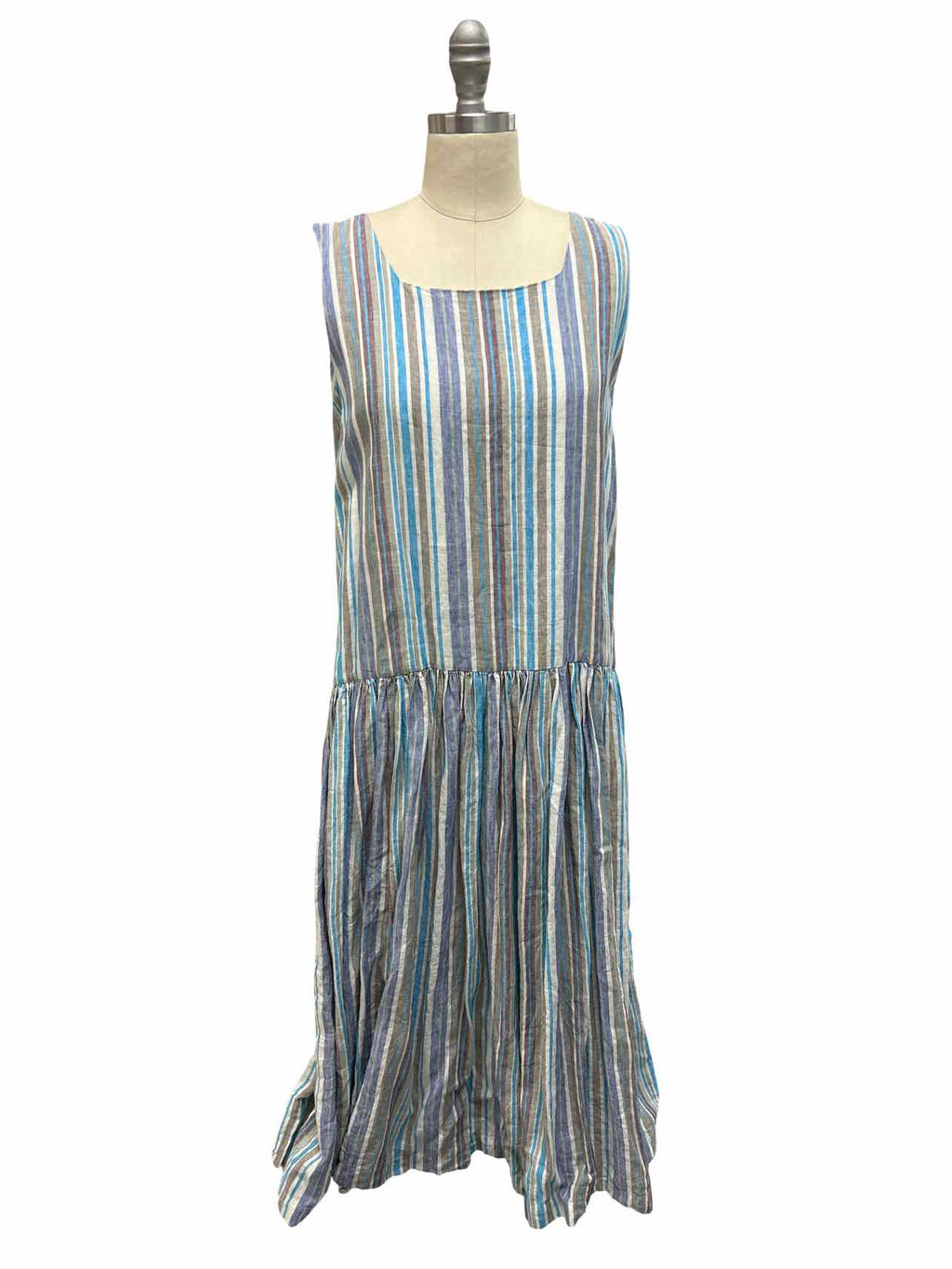 RICORRROBE  VERTICAL STRIPE LINEN DROP WAIST DRESS SIZE: S