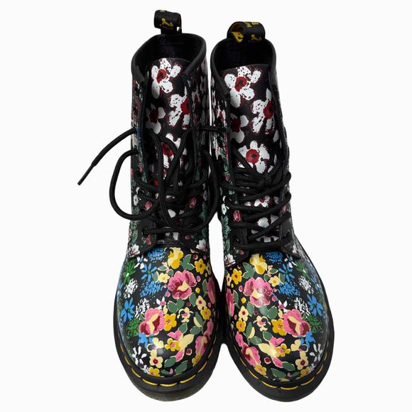 DR MARTENS NIB! PASCAL BLACK FLORAL MASH UP BOOTS SIZE 7