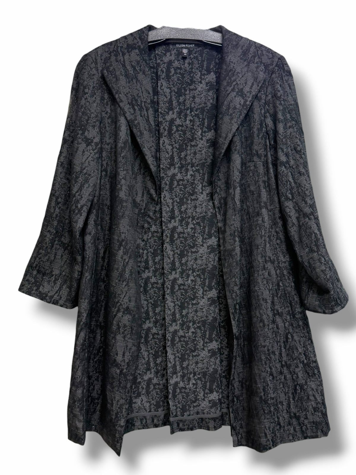 EILEEN FISHER CHARCOAL TEXTURED OPEN FRONT 3/4 SLEEVE NOTCHED COLLAR JACKET XS