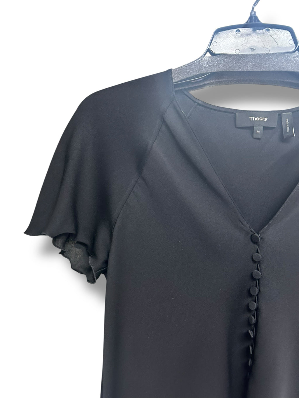 THEORY SILK BLEND BUTTON FRONT RUFFLE SLEEVE BLOUSE BLACK  SIZE MEDIUM
