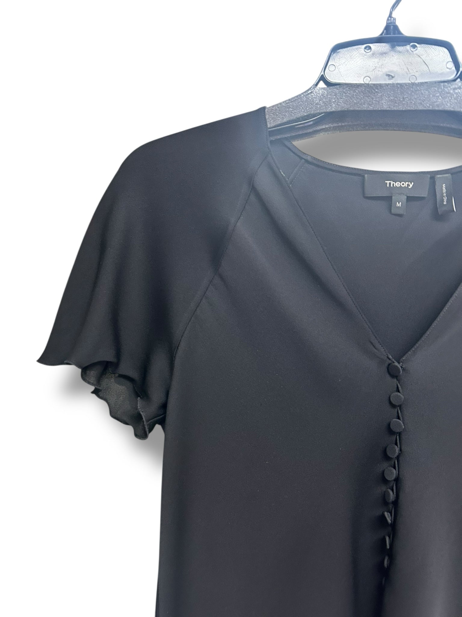 THEORY SILK BLEND BUTTON FRONT RUFFLE SLEEVE BLOUSE BLACK  SIZE MEDIUM
