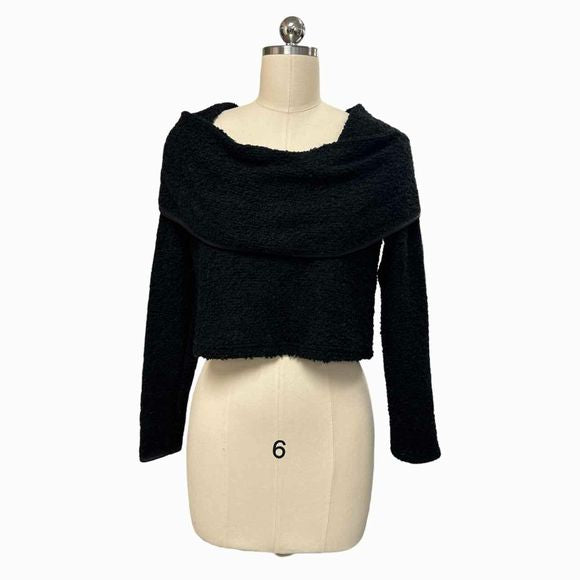 SYMPLI FRAME WEIGHT OFF THE SHOULDER BOUCLE CROP BLACK SWEATER SIZE 4