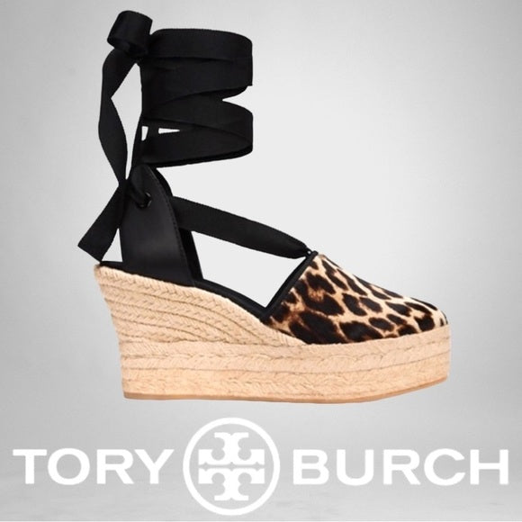 TORY BURCH ELISA CALF HAIR LACE UP ESPADRILLE CHEETAH WEDGE SIZE 8.5