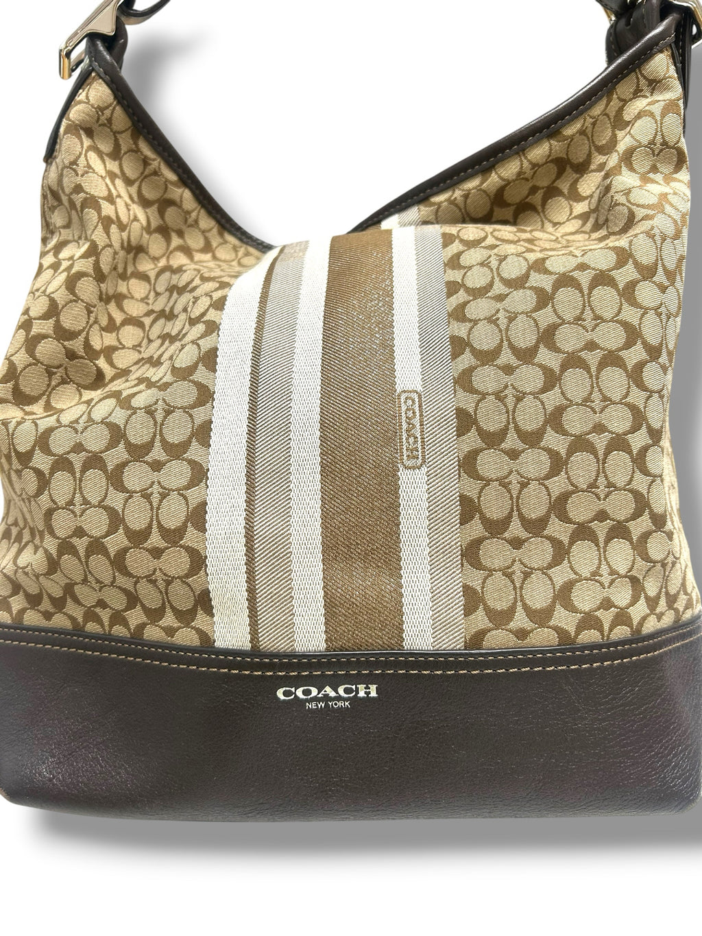 COACH LEGACY SIGNATURE STRIPE SHOULDER BROWN LOGO PRINT PURSE 19918P